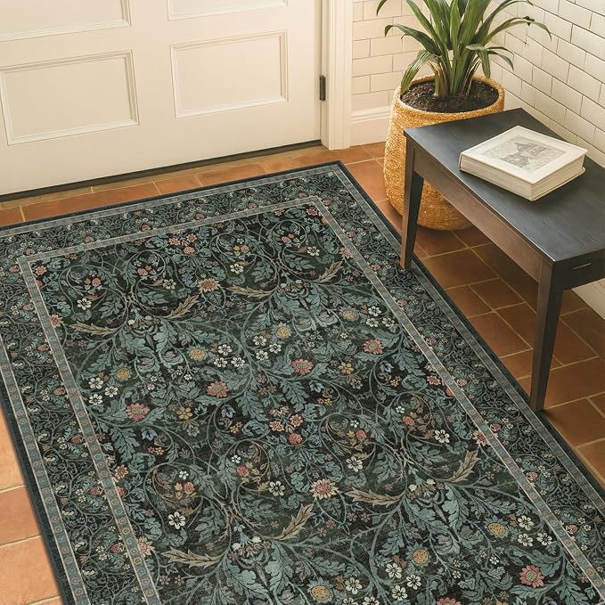3x5 Washable Area Rugs for Entryway Indoor, Large Kitchen, Low Pile Rugs for Mudroom Bedroom Laundry Room Floor Mat Non Slip Stain Resistant, Dark Green Moody Carpet