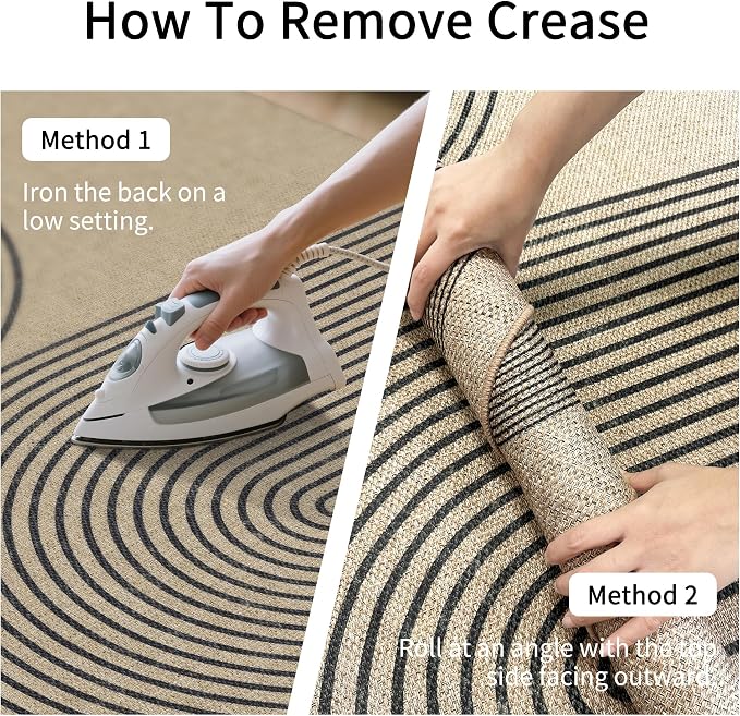 Easy Jute Rug 5x7 Outdoor: Natural Area Rugs for Patio Linen-Look Fabric Durable - Washable Carpet for Living Room Bedroom - Black Stripes