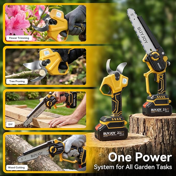 BUYJOY 2-in-1 Mini Chainsaw & Electric Pruning Shears, 1.8" Cutting Capacity, 8 Inch Cordless Chainsaw with 2 x 4.0Ah Batteries, Battery Powered Branch Cutter for Tree Trimming and Garden Pruning
