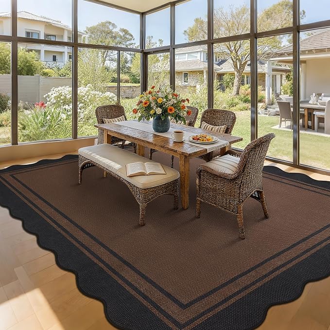 8x10 Scalloped Rug Easy Jute Washable Rug for Living Room Indoor Outdoor Black Brown Geometric Non Slip Carpet for Under Table Neutral Carpet for Backyard Patio Dining Room
