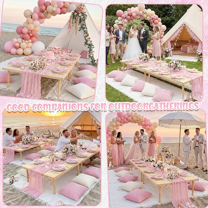 Beeveer 28 Pcs Picnic Kit 91x71 Extra Large Outdoor 2 Boho Picnic Blanket with 2 Pink Table Runner, 12 Throw Pillow Cover 12 Napkin Woven Cotton Yarn Oversize Washable Beach Blanket for Camp Wedding