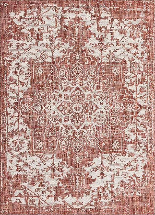 Unique Loom Jill Zarin Outdoor Collection Area Rug - Dubai (5' 3' x 8' Rectangle, Rust Red/ Ivory)