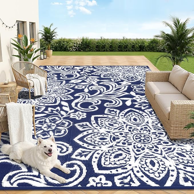 Findosom Waterproof Outdoor Rug 8' x 10' - Reversible Mandala Outdoor Plastic Straw Rug, Durable Foldable Patio Rug for RV, Deck, Balcony, Backyard, Picnic, Porch, Camping, Beach, Navy