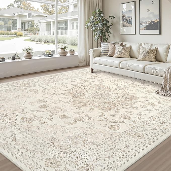 8x10 Area Rugs Living Room: Bedroom Washable Carpet Beige White | Vintage Boho Soft Small Indoor Decor Floor Non-Slip Low Pile Neutral Farmhouse Entryway Laundry Bathroom Bedroom Beside Rugs