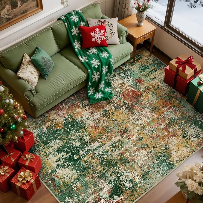RELEANY Washable 6'x9' Abstract Area Rug for Living Room Green Multi | Carpet for Bedroom, Kitchen, Office, Hallway and Entryway, Printed Pattern, Non‑Slip, Soft, Stain‑Resistant, Easy to Clean