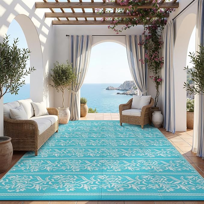 Garvee Outdoor Rugs 5x8 Waterproof Reversible Mat Boho Leaf Patio Rug with 4 Stakes and Starage Bag, Large Outdoor RV Mat Rugs for Camping, Picnic, Balcony, Deck, Backyard, Teal & White