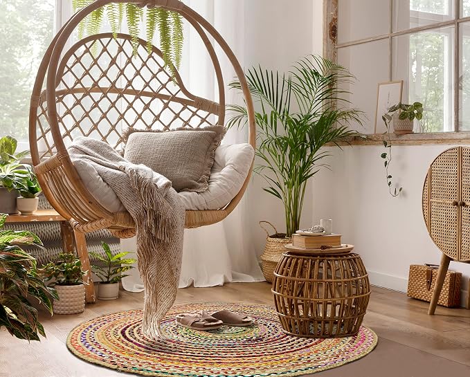 COTTON CRAFT Jute Chindi Braid Rag Rug - 3 Feet Round Multi Color Area Rug | Handwoven Reversible Jute & Natural Recycled Cotton Boho Farmhouse Rustic Area Accent Rug - Living Room Carpet Home Décor