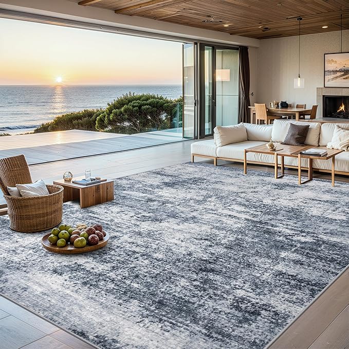 PLHXFR Area Rug Living Room: 4x6 Abstract Washable Carpet Grey Blue | For Bedroom Dining Room Farmhouse Nursery Home,Machine washable,Non Slip,Large Soft Neutral,Stain Resistant, Indoor Floor