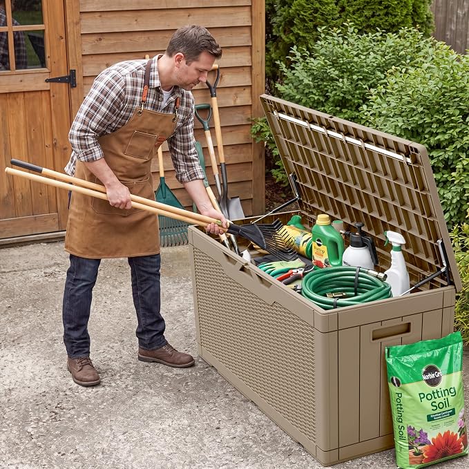 Flamaker Outdoor Storage Box 100 Gallon Waterproof Resin Deck Box Delivery Box with Air Rod Indoor Outdoor Lockable Storage Bench for Patio Cushions, Tools, Pool Accessories (Brown)