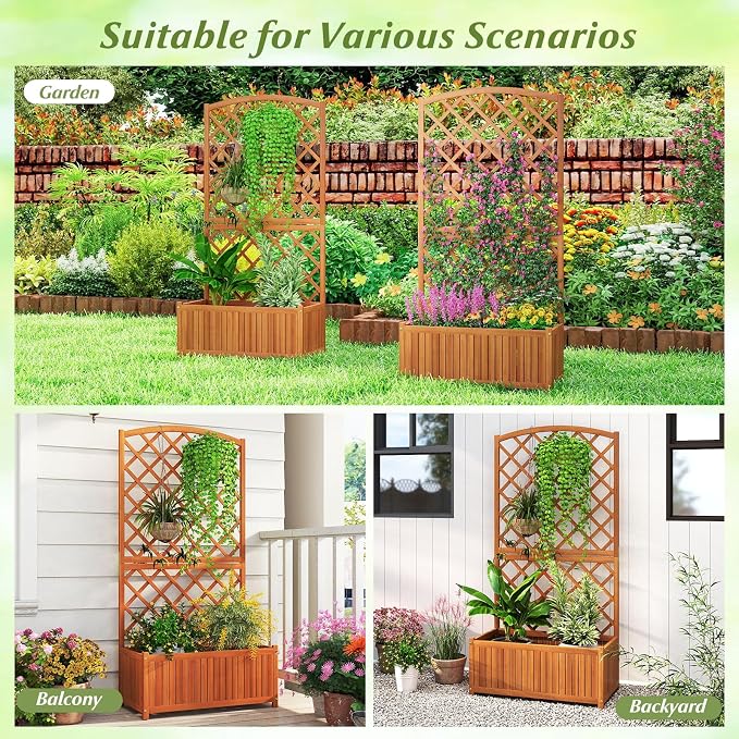 Giantex Solid Acacia Wood Planter Box with Trellis, 63" Set of 2 Raised Garden Bed with Trellis, Plant Box, Slat Base, Outdoor Privacy Planter for Vine Climbing Plants Flowers, Garden, Patio, Balcony