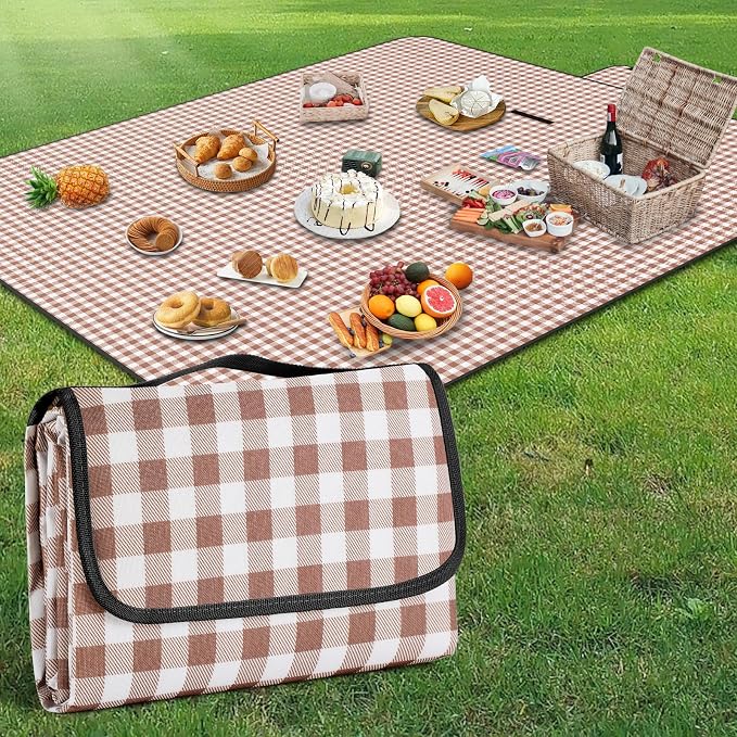 Picnic Large Blanket,78” × 78” Large Camping Blanket,with Handle,Waterproof and sandproof Bottom,Machine Washable,Outdoor Foldable Hiking Blanket, Portable and Easy to Clean (Coffee Grid)
