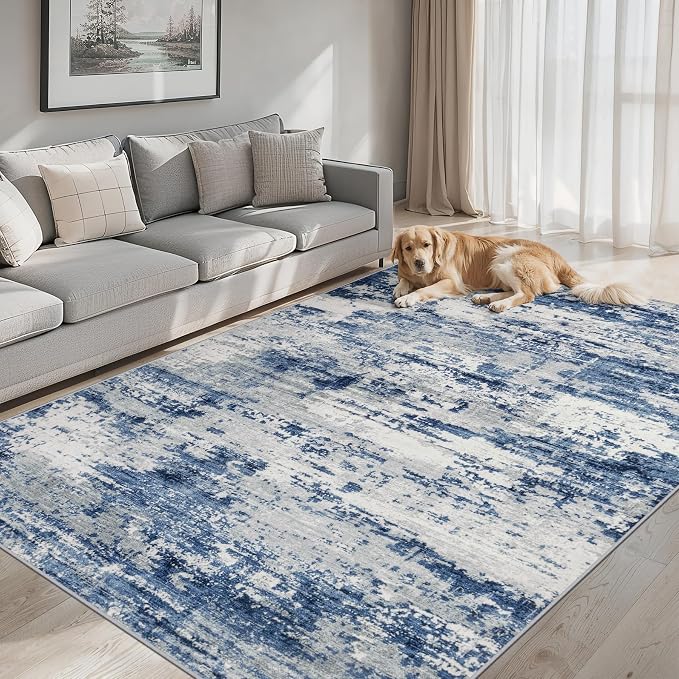 PLHXFR 10x14 Area Rug Living Room: Abstract Washable Carpet Blue Gray | For Bedroom Dining Room Farmhouse Nursery Home,Machine washable,Non Slip,Large Soft Neutral,Stain Resistant, Indoor Floor
