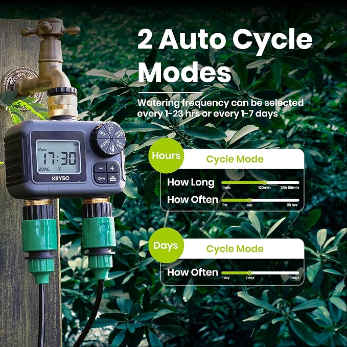 Kryso 2-Zone Sprinkler Timer with Brass Inlet & Outlet โ Programmable Garden Hose Water Timer with Rain Delay, Manual & Automatic Irrigation Controller for Yard, Lawn & Outdoor Watering