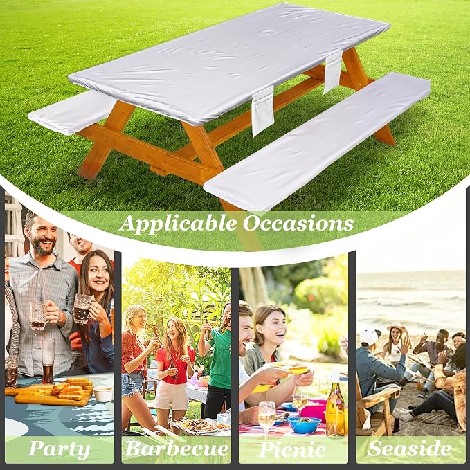 Wrakus Picnic Table Cover with Bench Covers Vinyl Elastic Edges Fitted Rectangle Seat Tables Waterproof 3-Piece96X30in Set Outdoor Rectangular Folding Backing Tablecloth for Camping Over Size