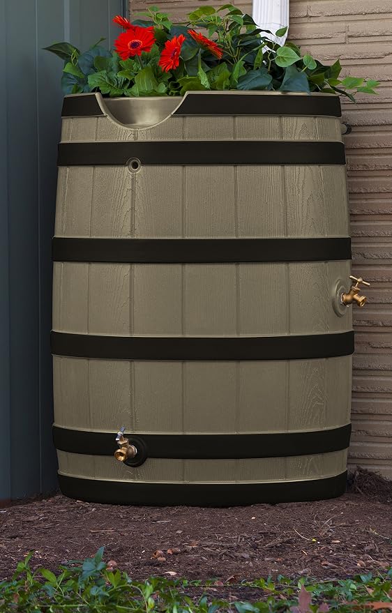 Rain Wizard 65 Gallon Rain Barrel with Darkened Ribs - Khaki