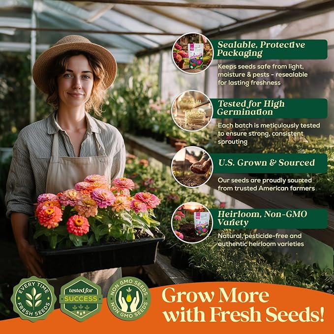 Seedphony Zinnia Seeds Pack 4 oz - 15,300 Non-GMO Heirloom Zinnia Seeds for Planting, Perennial Flowers in Waterproof Seed Packet, Wildflower Seeds for Planting Garden Indoor & Outdoor Gardening