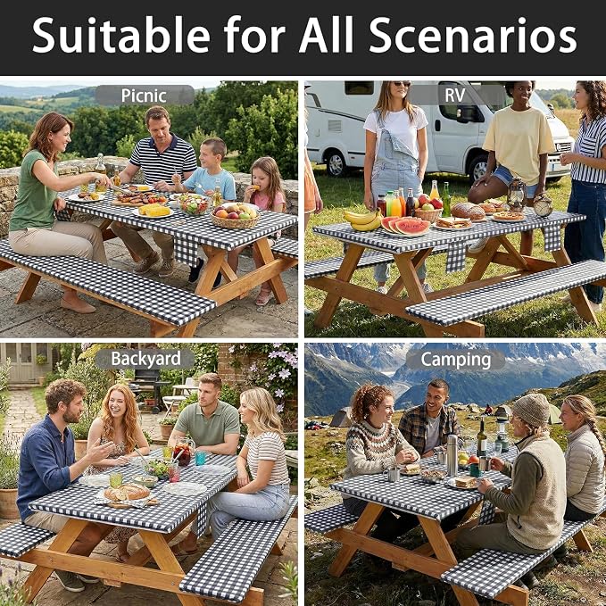 Jobunai 3 Piece Fitted Elastic Picnic Table Cover with Bench Covers 96x30 Inch Weather Proof Outdoor Table Cloth Summer Motorhome Patio Vacation Things White Elephant Gifts for Her Who Have Everything