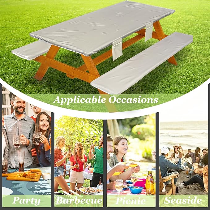Wrakus Picnic Table Cover with Bench Covers Vinyl Elastic Edges Fitted Rectangle Seat Tables Waterproof 3-Piece72X30in Set Outdoor Rectangular Folding Backing Tablecloth for Camping Over Size