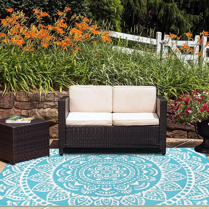 Bsmathom Waterproof Outdoor Rug 8'x10' Reversible Boho Plastic Straw Patio Deck Camping Rugs, Indoor Outdoor Portable RV Mat Clearance Carpet for Outside, Porch, Balcony, Backyard, Beach, Flower Teal