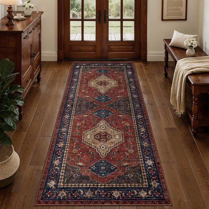 Tangsoo Red 2x5 Washable Runner Rug for Hallways, Non Slip Runner Rugs | Oriental Soft Low Pile 2x5 Rug Runner, Vintage Boho Print Carpet Runners for Entryway Bedroom Kitchen Bathroom Living Room