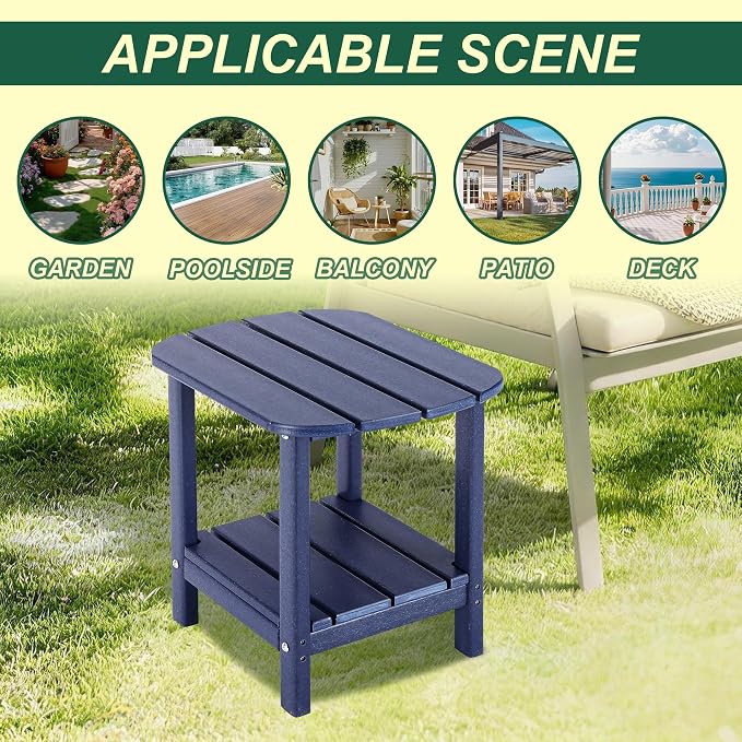 LZRS 2-Tier Patio Side Table, Heavy Duty HDPE Outdoor End Table with Wood Texture, Weatherproof Composite Table for Adirondack Chairs, Deck, Pool, Indoor/Outdoor, No Peeling Cracking(Navy Blue)