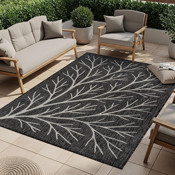 Washable Indoor Outdoor Rug 10x14 Modern Area Rugs Branch Pattern Non Shedding Waterproof Easy Clean Patio Deck Porch Living Room Bedroom Garden RV (10 X 14 Dark Gray)