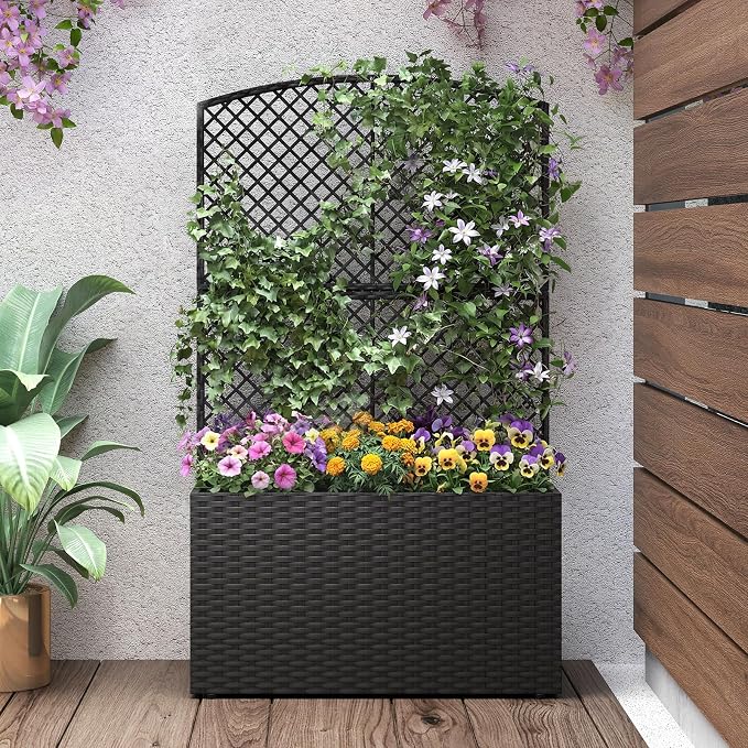 HAPPYGRILL Raised Garden Bed with Trellis, 49" Wicker Planter Box w/Privacy Screen, Liner, Drainage for Patio Balcony, Outdoor PE Rattan Elevated Garden Bed for Climbing Plant Vine Flower (Black,1)