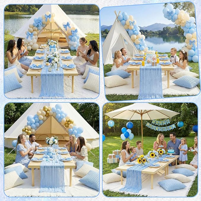 Beeveer 14 Pack Picnic Kit 91x71 Inch Extra Large Outdoor Boho Picnic Blanket with Light Blue Table Runner, 6 Throw Pillow Cover 6 Napkin Woven Cotton Yarn Washable Beach Blanket for Camp Wedding