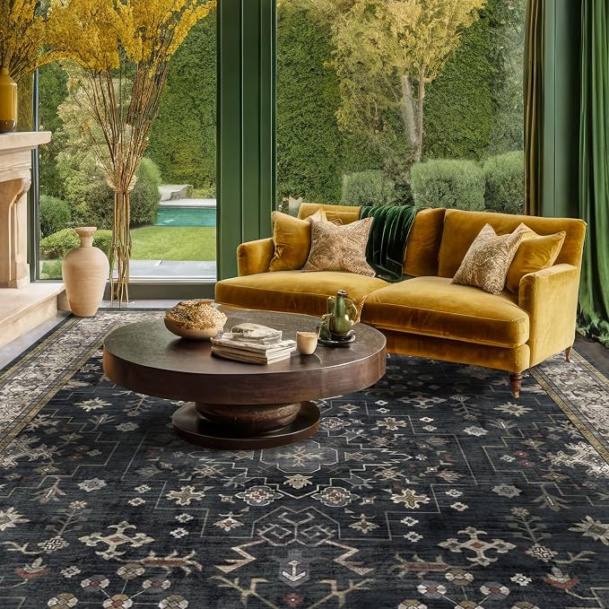 Black Boho Rug for Living Room 8x12 - Washable Dining Room Rugs for Under Table, Vintage Soft Low Pile Carpet for Bedroom, Non-Slip Farmhouse Bohemian Large Thin Carpet for High Traffic Area