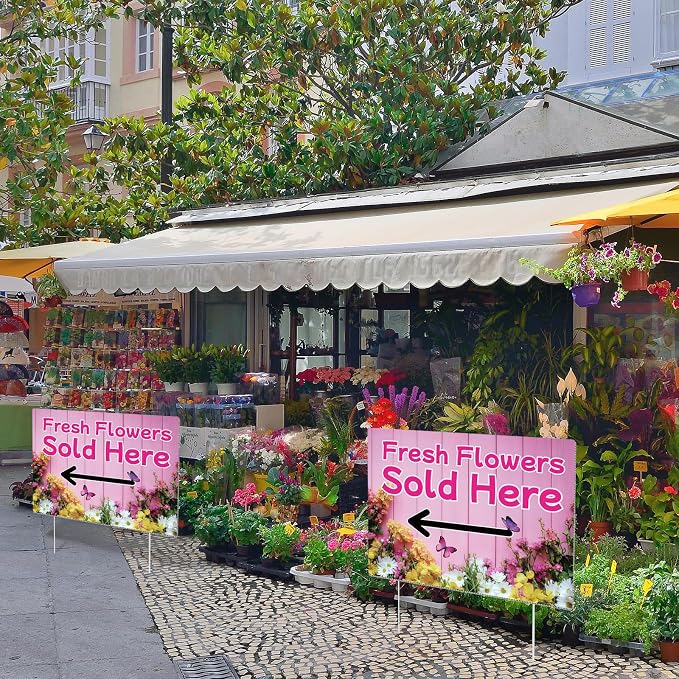 Pinkunn 3 Pack 16 x 12 Inch Fresh Flowers Sold Here Yard Signs with Stakes Double Sided Weatherproof Garden Signs for Shops, Markets Events