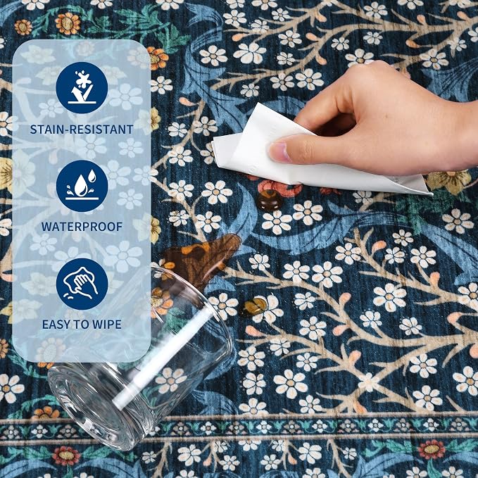 GarveeHome Blue Floral 2x3 Washable Rug Small Door Mat | Vintage Stain Resistant Rugs for Entryway Hallway Bedroom Bathroom Low-Pile Non-Slip Soft Botanical Boho Rug TPE Backing