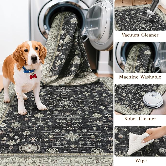 LBRO2M Machine Washable Rug Soft Pet Friendly Carpet 9X12 Black | Vintage Rug 9X12 for Living Room, Bedroom, Dining Room, Home Office, Non Slip Carpet, Foldable Stain Resistant Rugs