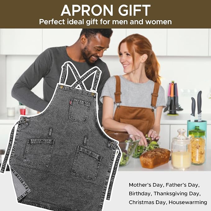 Denim Chef Apron for Women with Pockets, Jean Waitress Server Kitchen Apron for Men Cooking Gardening Painting