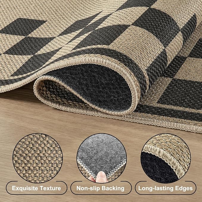 UERMEI 4x6 Outdoor Jute Area Rug Patio Neutral Washable Checkered Brown | Easy Non Slip Pet Friendly Indoor Farmhouse Carpet for Living Room Bedroom Dining Backyard