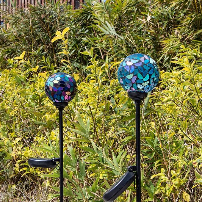 VCUTEKA Decorative Solar Garden Lights, 3.5" Mosaic Globe Stake 2 Pack | Mosaic Glass Design, Solar LED Light, Weather Resistant, Auto On/Off and Metal Stake Design for Lawn and Patio