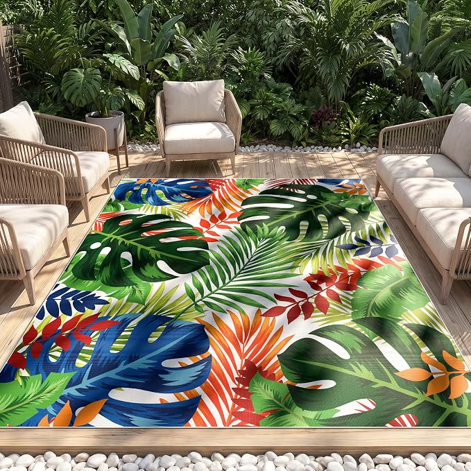 Arenarug 6x9 Monstera Tropical Outdoor Rug – Waterproof Non-Slip Machine Washable Patio Rug, UV & Stain Resistant Outdoor Carpet for Patio Deck Balcony Backyard, Colorful
