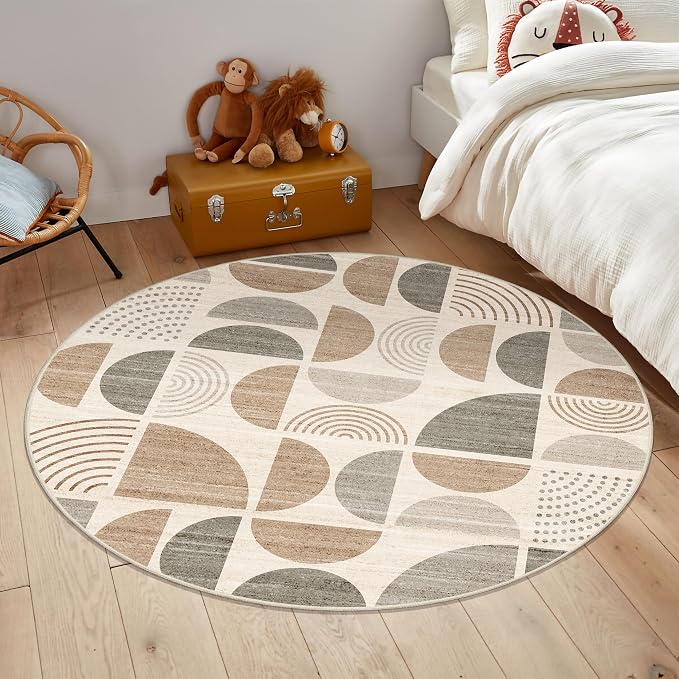 Round Rugs 5ft,Circle Area Rug Washable Non Slip Modern Abstract | Circular Rugs for Bedroom Living Room Dining Room Boho Throw Carpet Soft Low Pile Floor Indoor Bohemian Neutral Beige