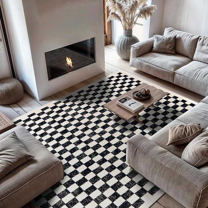 Rugshop Contemporary Checkered Grid Contrast Area Rug Black 7' 10" x 10' | Rectangular, Size 7' 10" x 10', Living Room, Bedroom, Dining Room, Home Office, Kitchen, Entryway, Hallway, Nursery, Bedside
