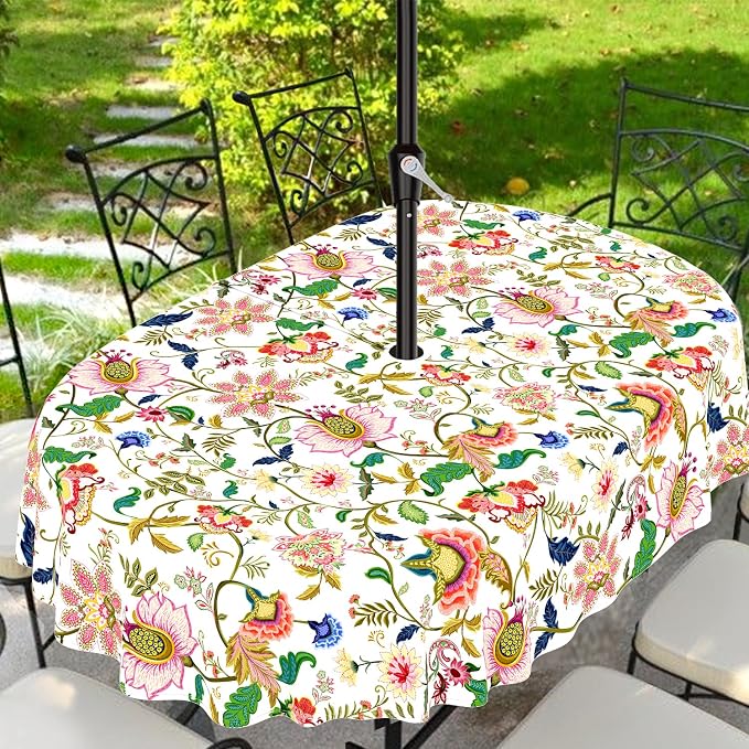 Outdoor Tablecloth with Umbrella Hole and Zipper, Oval Patio Table Covers for Spring/Summer, Machine Washable Outdoor Picnic Table Cloth (Jacobean Floral, 60" × 120" Oval)