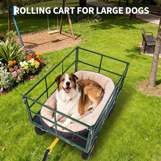 Garvee 1500 LB Heavy Duty Garden Wagon Cart, Outdoor Metal Utility Trailer | 13 in All Terrain Tires, 3-in-1 Yard Wagon Cart with Removable Side Panels for Outdoor Lawn, Yard, Backyard