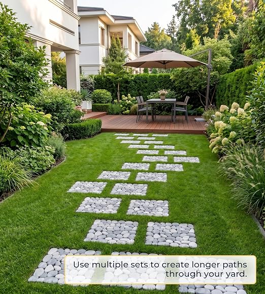 jxgzyy 4 Pcs Interlocking Stepping Stones Outdoor for Garden, 11.8" Square Pavers for Landscaping, Outside Pebble River Stone Mat for Yard Lawn Patio Pathway Walkway, DIY Landscape Decor - Light Grey