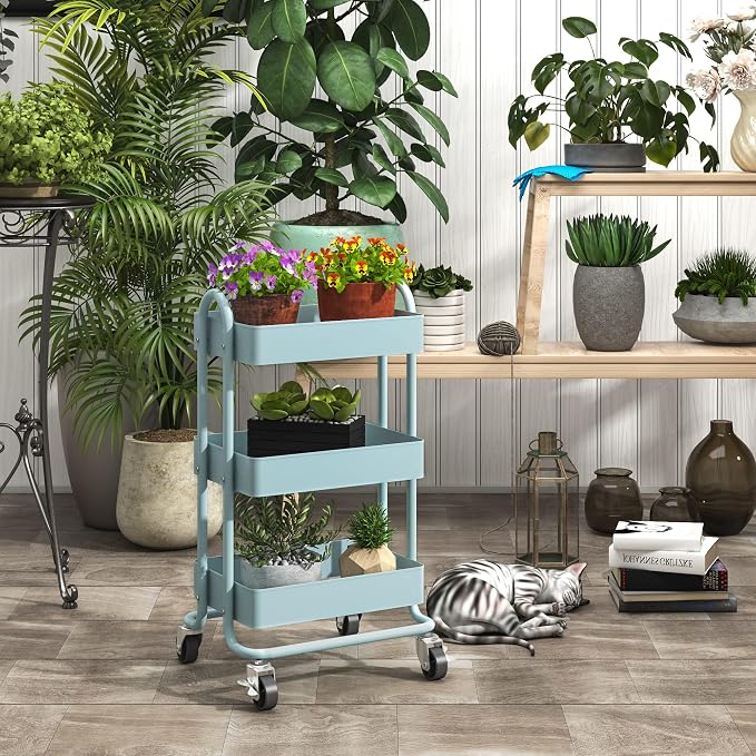 Metal Rolling Cart,3-Tier Metal Rolling Cart with Wheels,3 Tier Utility Cart with Wheels for Office,Home,Kitchen,Garden๏ผ13.4"x18.1"x31"๏ผ Blue