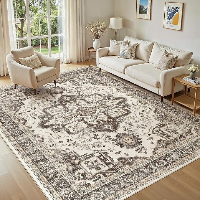 Vintage Washable 6x9 Area Rug for Living Room, Dark Brown | Soft Low Pile Rug with Non-Slip Backing, Stain Resistant for Bedroom or Dining Room, Kid & Pet Friendly