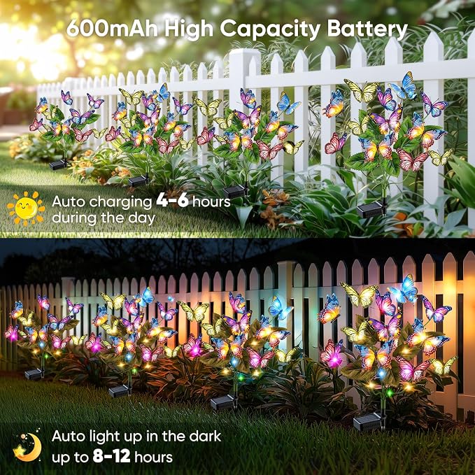 Solar Lights Outdoor Garden Decor: 4 Pack 68 Silk Butterflies with 88 Color-Changing LEDs - Auto On/Off 12H Magical Lighting IP65 Waterproof for Yard Patio Pathway - Unique Gifts for Mom Grandma