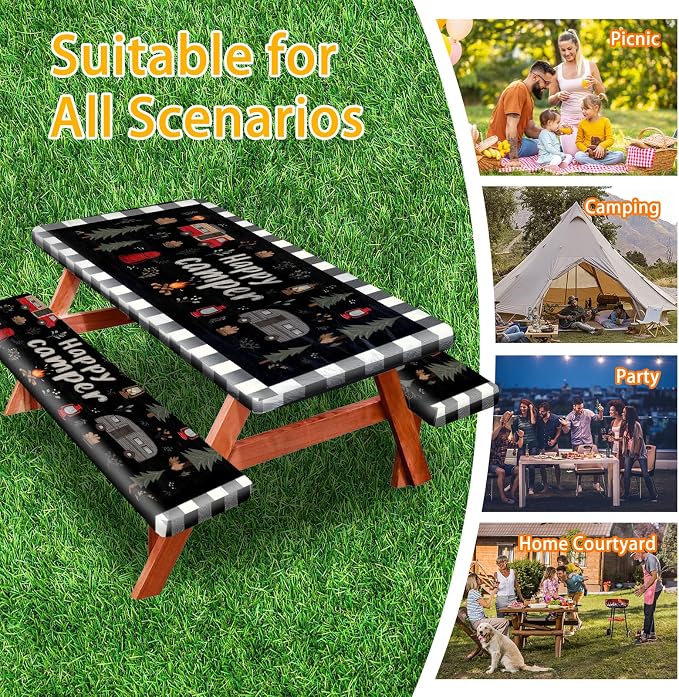 Picnic Table Cover with Bench Covers, Camping Essentials, Fitted Camping Tablecloth with Bag, Waterproof and oilproof with elastic Edge for Indoor Outdoor Patio, 72in (Happy Camper)