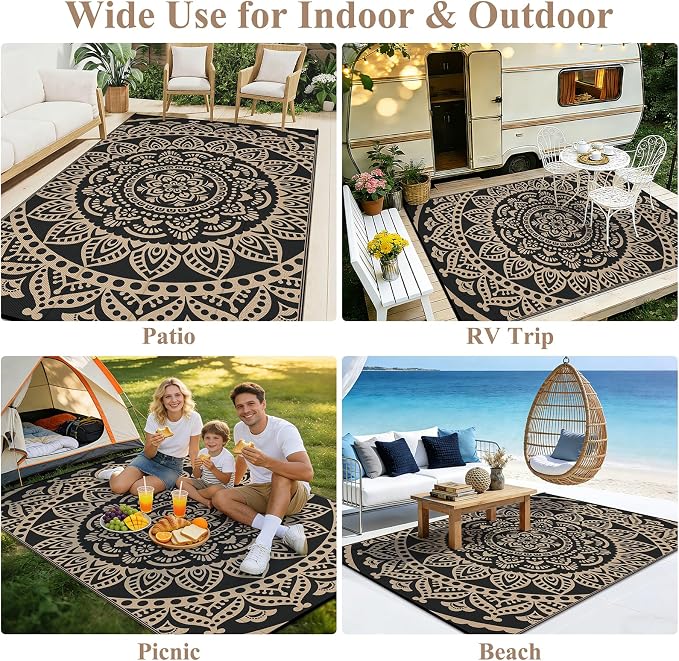 Bsmathom Waterproof Outdoor Rug, 5'x8', Black | Reversible, Boho Plastic Straw, Portable RV Mat, For Patio, Deck, Camping, Porch, Balcony, Backyard, Beach, Pool