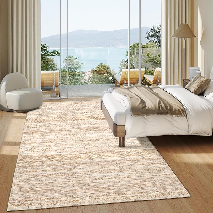 Miukiki 5x7 Washable Area Rug for Living Room, Soft Non Slip Rug Beige | Non-Slip Thin Throw Rug for Bedroom Kitchern Dining Room Office, Low Pile Indoor Floor Carpet with Vintage Pattern 5'x7'