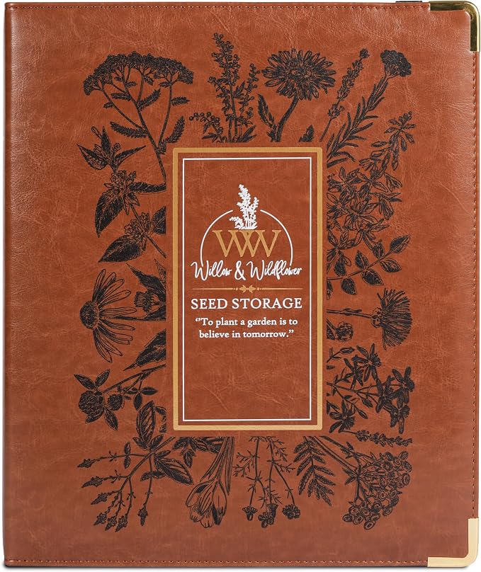 Create-ables Willow and Wildflower Garden Seed Organizer Binder, Seed Storage Organizer, Garden Binder Book for Packet Storage Catalog Can Store 120 Packets with Dibber and Widger (Classic Brown)