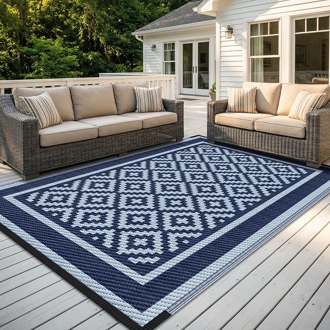 Kohree Outdoor Rug Waterproof 6x9 ft, RV Outdoor Plastic Straw Rug for Patios Clearance,Reversible Area Rug for Camping,Balcony,Deck,Blue