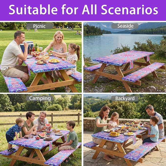 Jobunai 72x30 Picnic Table Cover with Bench Covers Reusable Polyester Camping Tablecloths for Outdoors Camp Trailer Stuff Traveling Road Trip Necessities Retirement Boho Summer Fall Party Decorations